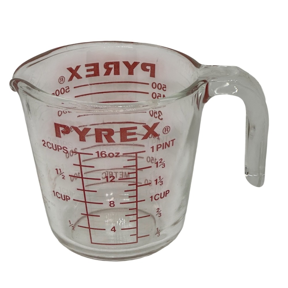 VTG Pyrex Measuring Cup Clear Glass Red Lettering 2 Cup 16oz 500ml Kitchenware